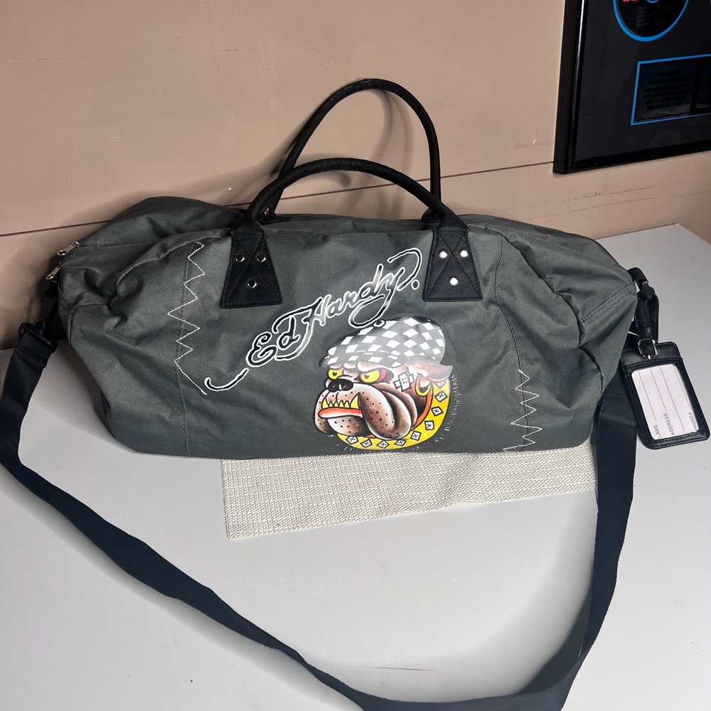 Ed Hardy Gray Canvas Duffle Bag Bulldog Tattoo Graphic Travel Gym Bag Luggage